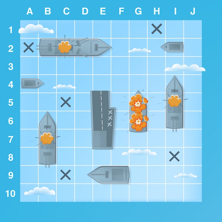 Vector sea battle game elements with effects. cartoon illustration