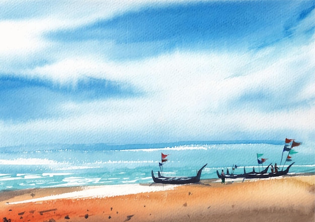Vettore spiaggia del mare al fondo leggero dell'acquerello del pomeriggio