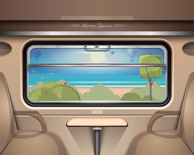 Море, пляж и зеленые насаждения за окном поезда. Летом на поезде. Векторная иллюстрация