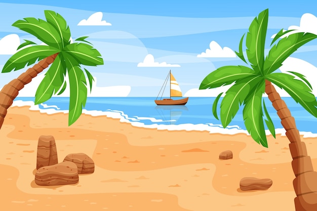 Морской пляжный пейзаж Мультфильм островная сцена с берегом океана и пальмами Векторный фон летних каникул