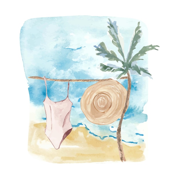 Вектор Морской пляжный пейзаж в шляпе и купальнике
