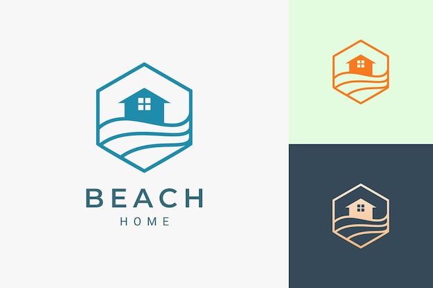 Sea or beach theme hotel logo in simple line and hexagon shape