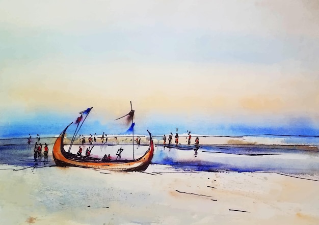 Sea beach with watercolor painting