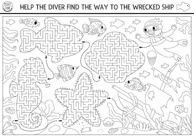 Under the sea black and white maze for kids geometrical sea horse fish seashell Ocean line preschool printable activity Water labyrinth coloring page Help the diver find way to wrecked shipxA