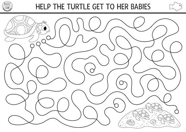 Vector under the sea black and white maze for kids with tortoise seashells sand ocean or mothers day line preschool printable activity water labyrinth game coloring page help turtle get to babiesxa