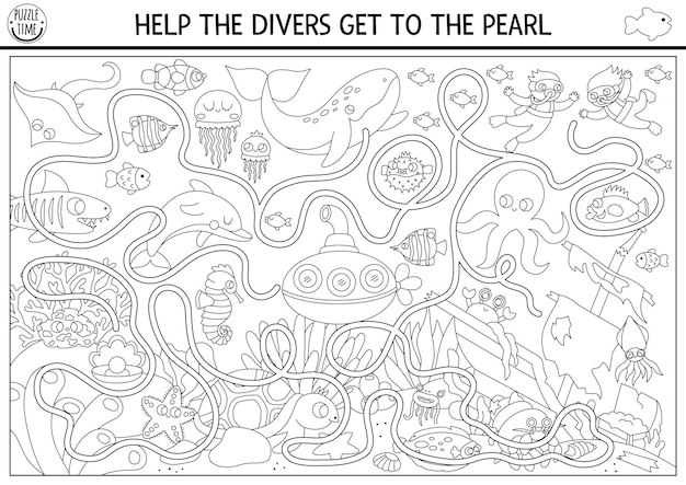 Under the sea black and white maze with marine landscape wrecked ship fish Ocean line preschool activity with dolphin whale Water labyrinth game coloring page Help divers get to pearlxA