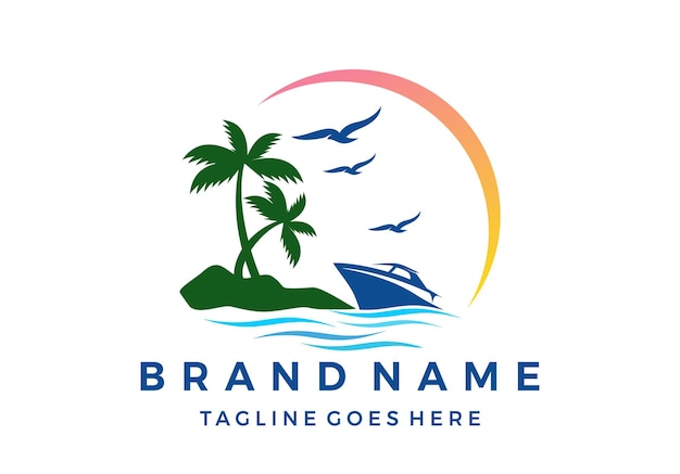 Морская лодка и кокосовая пальма красивый векторный дизайн логотипа