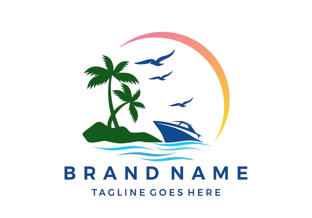 Sea boat and coconut tree beautiful vector logo design