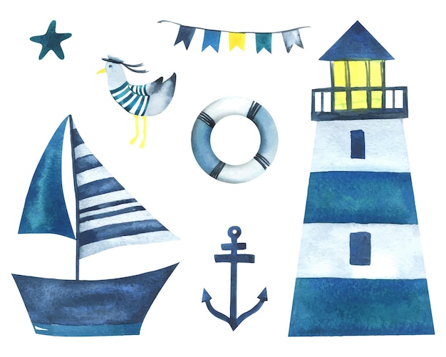 Морская лодка, маяк, якорь, чайки, спасательный круг и гирлянды, флаги. Акварельная иллюстрация, нарисованная вручную в абстрактном детском стиле Набор изолированных элементов на белом фоне