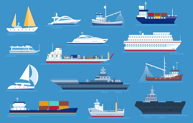 海のボート。漁船、貨物船、ヨット、船、クルーズ客船、モーターボート、軍艦。ヨット輸送ベクトルセット。豪華な民間および産業用輸送