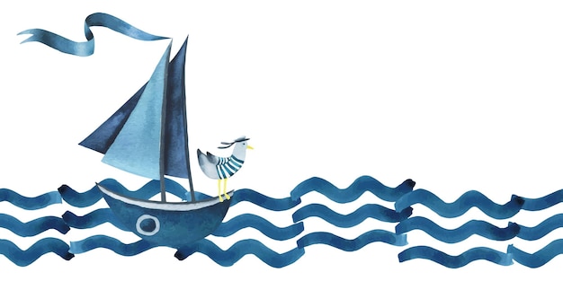 Vector sea boats with ribbon flag and seagull floating on a water watercolor illustration hand drawn in an