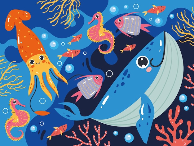 Sea bottom life animals underwater landscape background concept