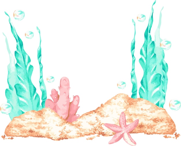 Sea bottom sand algae and corals watercolor illustration