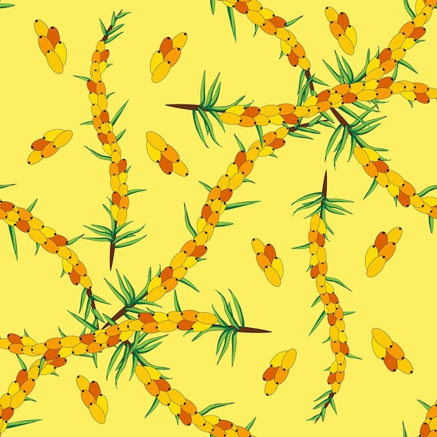 Sea buckthorn seamless pattern Twigs with berries and leaves Template with orange fresh berries for wallpaper