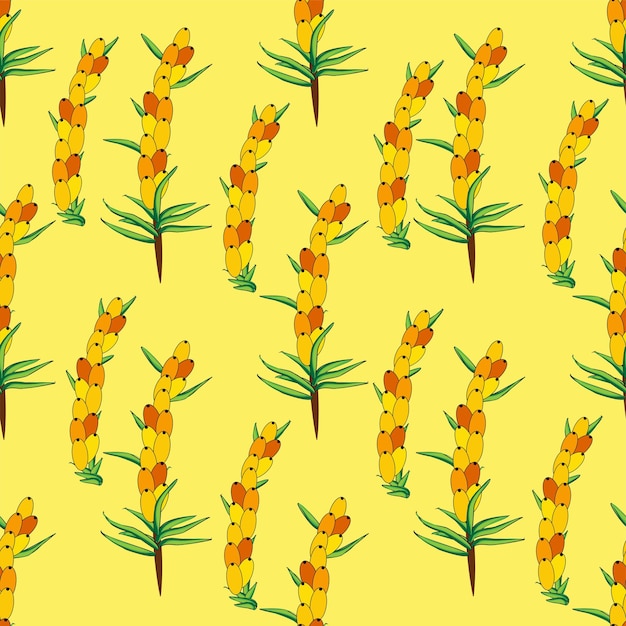 Sea buckthorn seamless pattern Twigs with berries and leaves Template with orange fresh berries for wallpaper