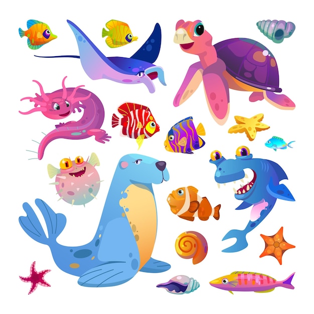 Vector sea cartoon inhabitants set exotic sea animals and fish