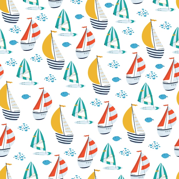 Sea children's seamless pattern with sailboat, windsurfing in cartoon style.