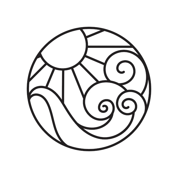 Vector sea circle line logo with big waves