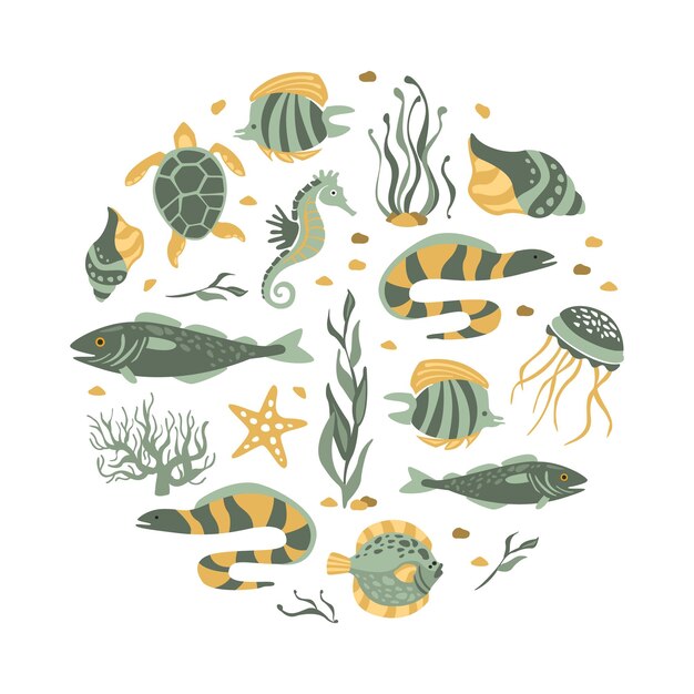 Vector sea creatures seamless pattern of round shape underwater life marine fishes vector illustration