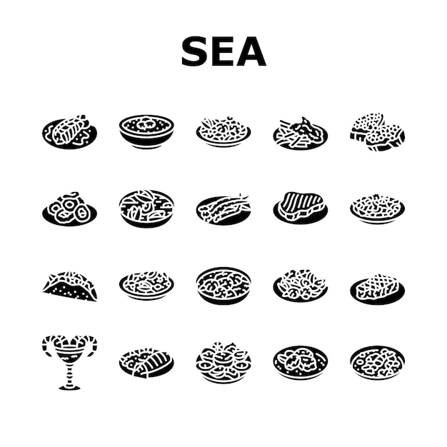 Sea cuisine italian cook greece icons set vector