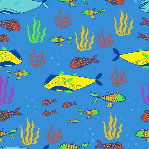 Sea fish algae and corals seamless pattern Vector hand draw print Sea life