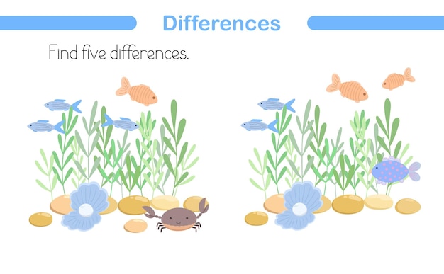 Sea fish crab pearl underwater scene find the differences printable educational activity worksheet