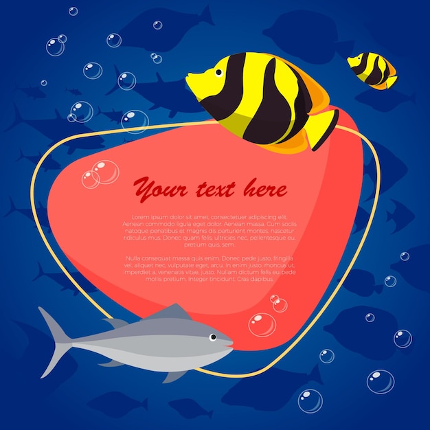 Sea fish and crabs on bright background with place for your text