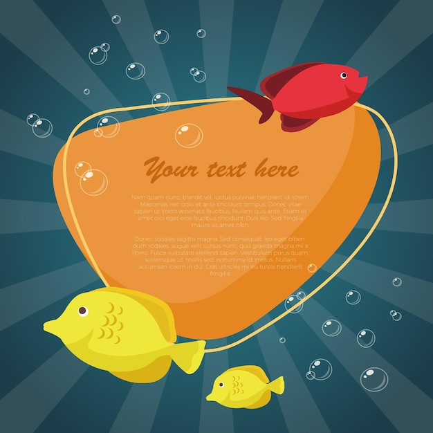 Sea fish and crabs on bright background with place for your text