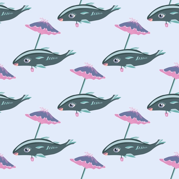 Sea fish under the umbrella Seamless pattern vector illustration