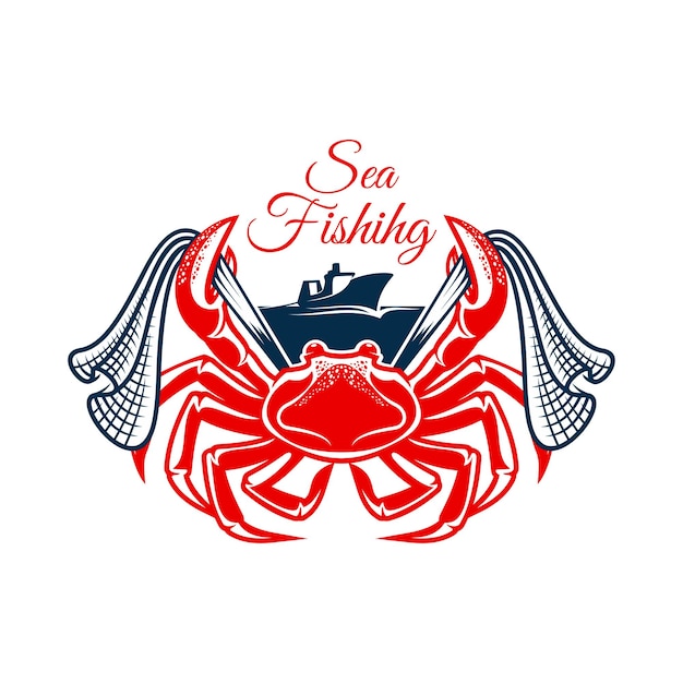 Vector sea fishing symbol with crab and net