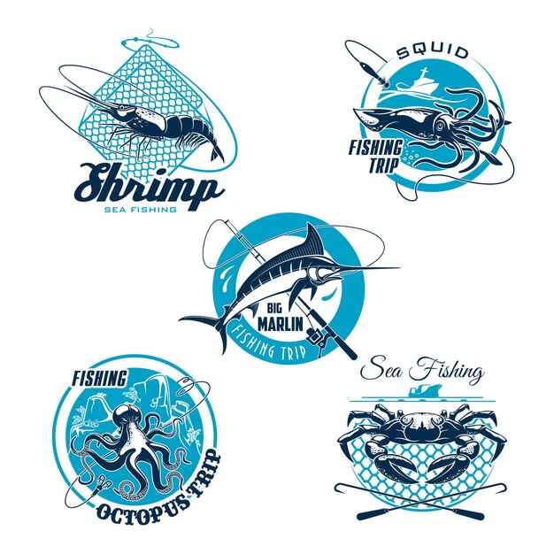 Set di simboli per la battuta di pesca in mare e il club sportivo