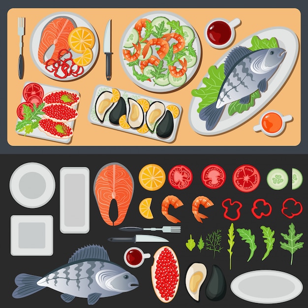 Sea Food. Healthy Food. Prepared Fish. Vegetables and Fish. Seafood Menu. Fish and Shrimps. Seafood Cuisine. Vector illustration. Flat style