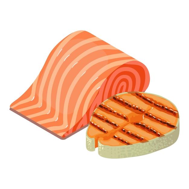 Vector sea food icon isometric vector piece of fresh red fish and fried salmon icon food concept healthy nutrition