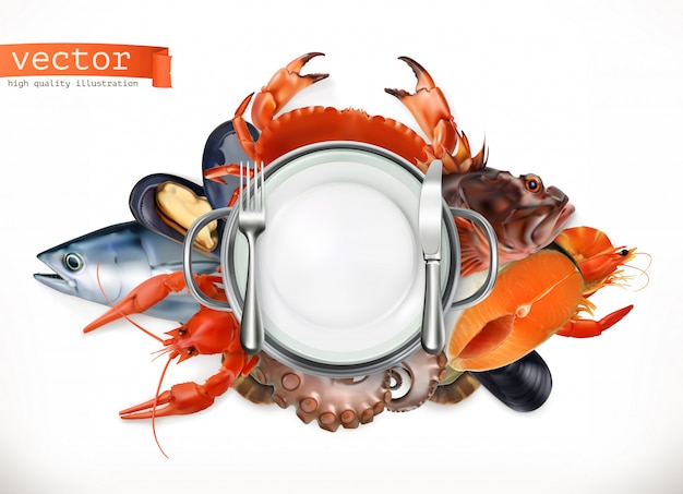 Vettore logo di frutti di mare. pesce, granchio, gamberi, cozze, polpo 3d, stile realismo