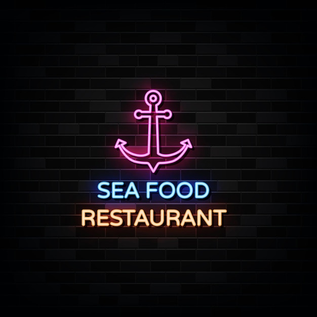 Insegne al neon del ristorante di frutti di mare. modello di disegno in stile neon