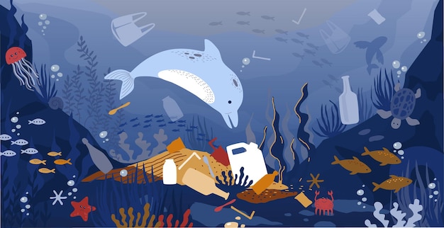 Vector sea garbage marine animals floating in dirty water with waste and plastic rubbish environmental problems pollution of ecosystems destruction of habitats vector ocean illustration