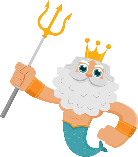 Vettore il dio del mare poseidone nettuno personaggio dei cartoni animati tiene trident vector illustration flat design