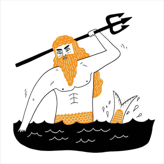 Vector sea god poseidon neptune suitable for icons, lgods, beliefs, antiquity, superstitions, vector illustration hand drawn