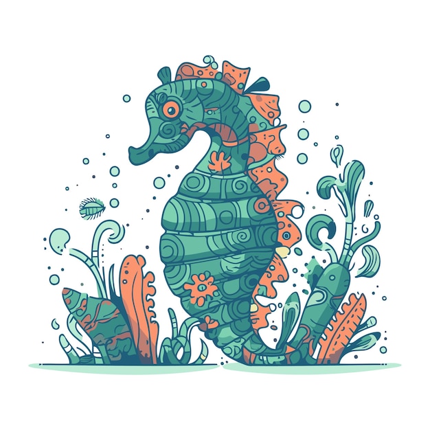 Sea horse seaweed and algae vector illustration in doodle style