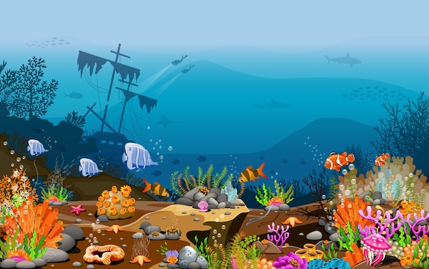 Sea illustration underwater life and the wonders of nature.