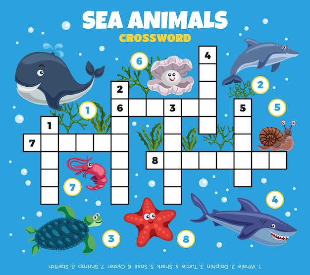 Sea inhabitants funny crossword illustration