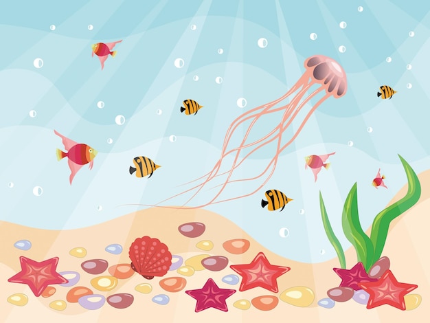 Sea jellyfish and fish in the depths of the seavector illustration eps