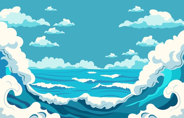 Vector sea landscape frame background with blue ocean waves in bright sky