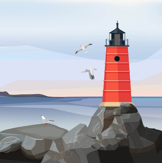 Sea landscape lighthouse. ocean or sea water with night\
navigation safety building on rocks cartoon