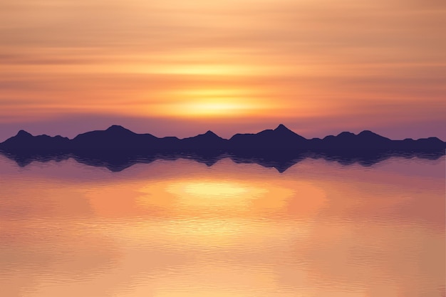 Vettore paesaggio marino le montagne all'orizzonte il pittoresco cielo al tramonto un bellissimo riflesso nell'acqua