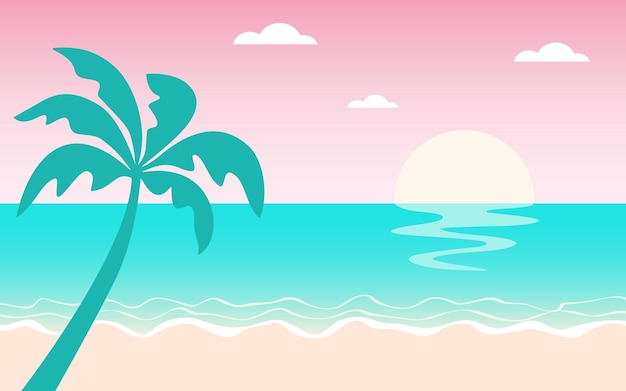 Sea landscape sunset with pink sky and turquoise sea vector illustration