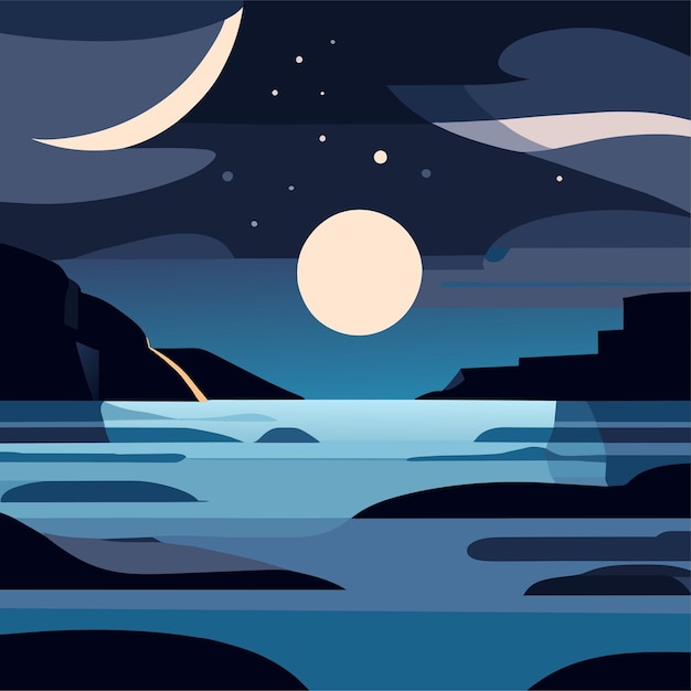 벡터 밤 하늘 에 달 과 별 들 이 있는 바다 풍경