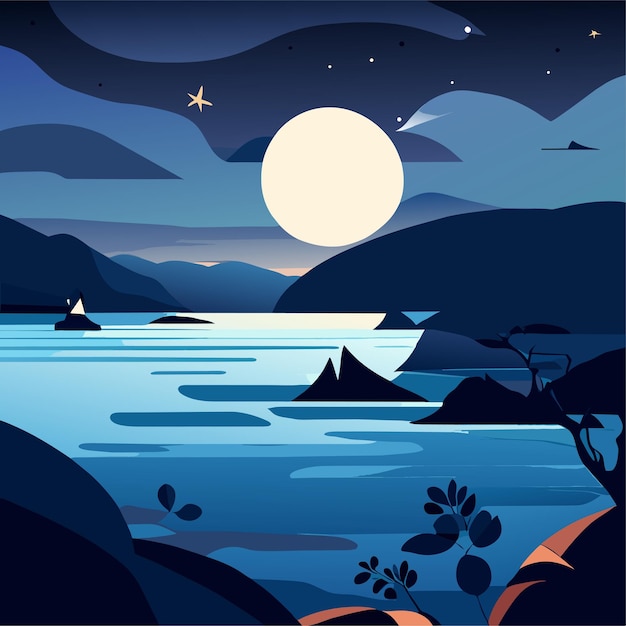 Vector sea landscape with moon and stars in sky at night