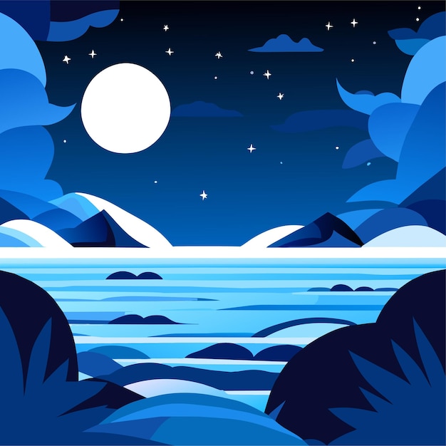 Vector sea landscape with moon and stars in sky at night