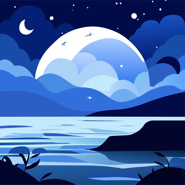 Sea landscape with moon and stars in sky at night